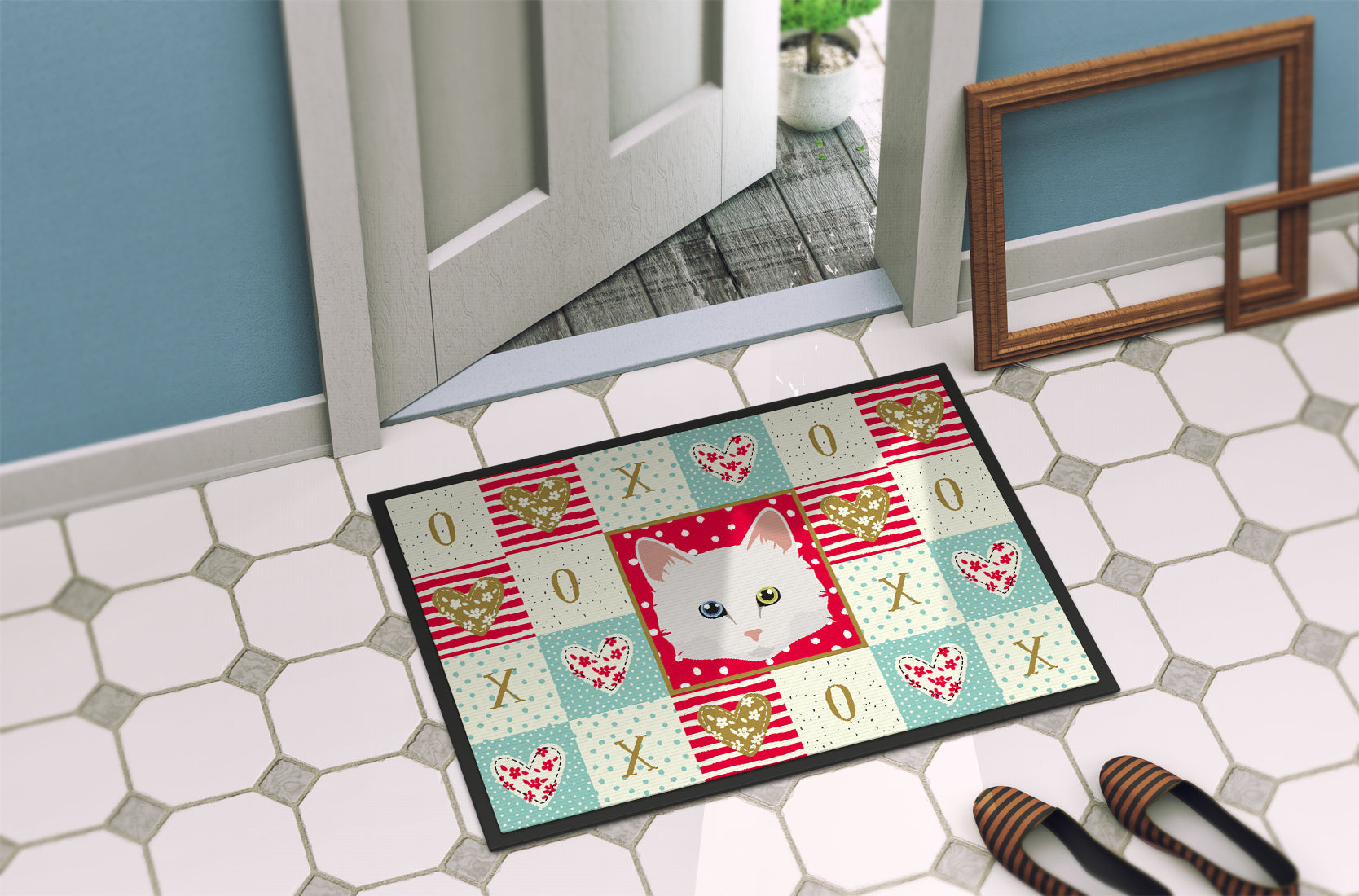 Turkish Angora Cat Love Doormat Indoor Outdoor 18H X 27W Front Door Mat Rugs for Entryway, Non Slip Washable