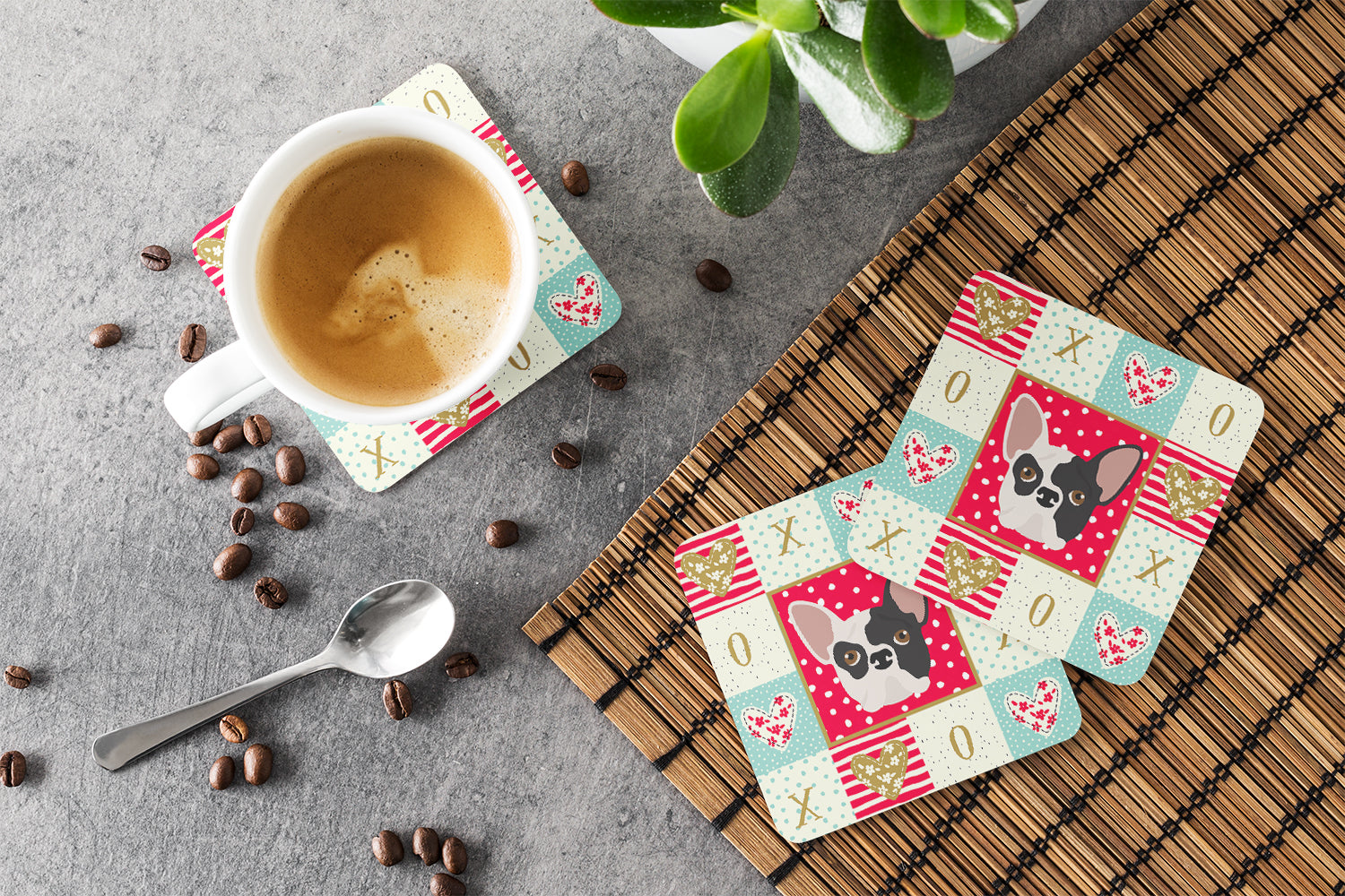 French Bulldog Love Foam Coasters Set of 4 Cup Coasters for Indoor Outdoor, Tabletop Protection, Anti Slip, Mouse pad Material