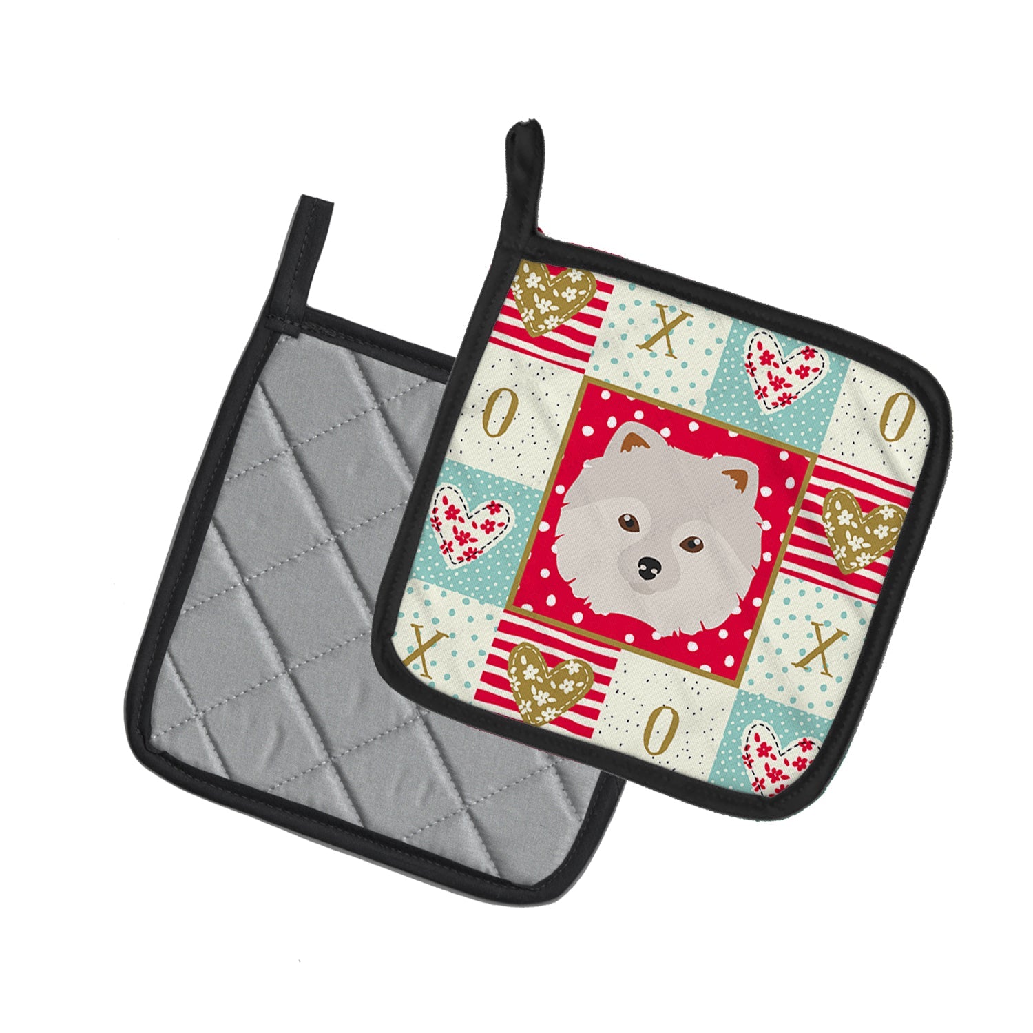 Japanese Spitz Love Pot Holder Set of 2 Heat Resistant Quilted Hot Pads 7.5 x 7.5 Inch, Insulated Kitchen Trivets for Cooking & Baking