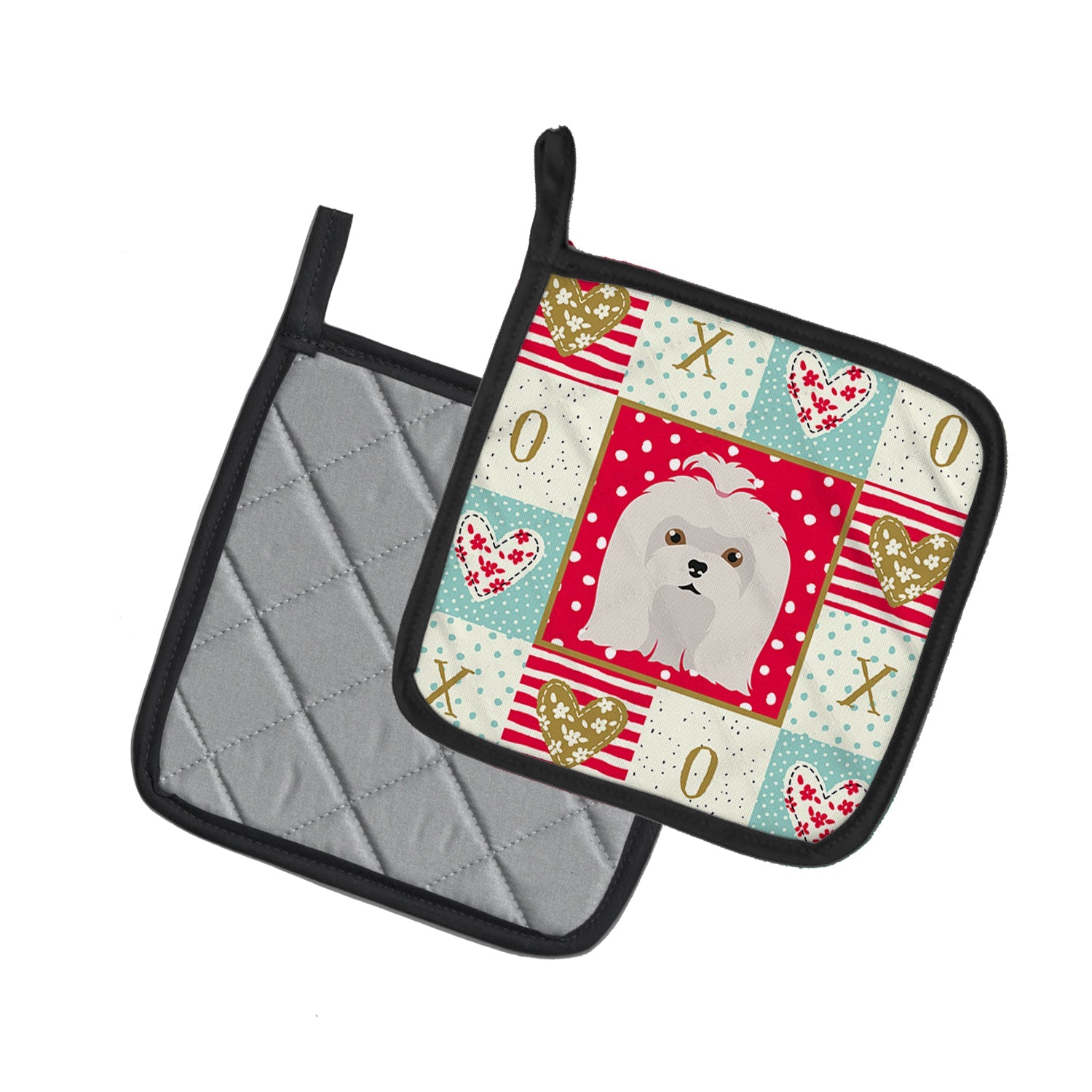 Maltese Love Pot Holder Set of 2 Heat Resistant Quilted Hot Pads 7.5 x 7.5 Inch, Insulated Kitchen Trivets for Cooking & Baking