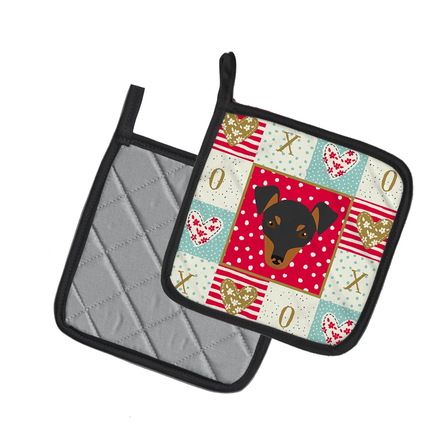 Manchester Toy Terrier Love Pot Holder Set of 2 Heat Resistant Quilted Hot Pads 7.5 x 7.5 Inch, Insulated Kitchen Trivets for Cooking & Baking