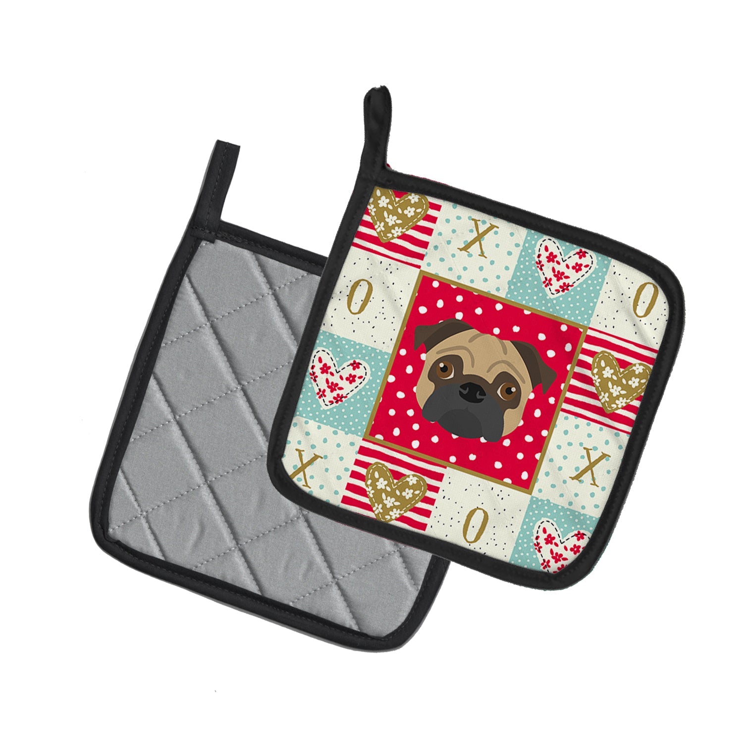 Pug Love Pot Holder Set of 2 Heat Resistant Quilted Hot Pads 7.5 x 7.5 Inch, Insulated Kitchen Trivets for Cooking & Baking