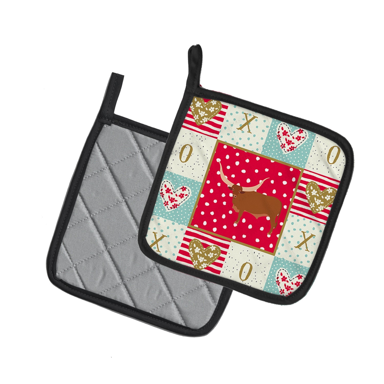Ankole-Watusu Cow Love Pot Holder Set of 2 Heat Resistant Quilted Hot Pads 7.5 x 7.5 Inch, Insulated Kitchen Trivets for Cooking & Baking