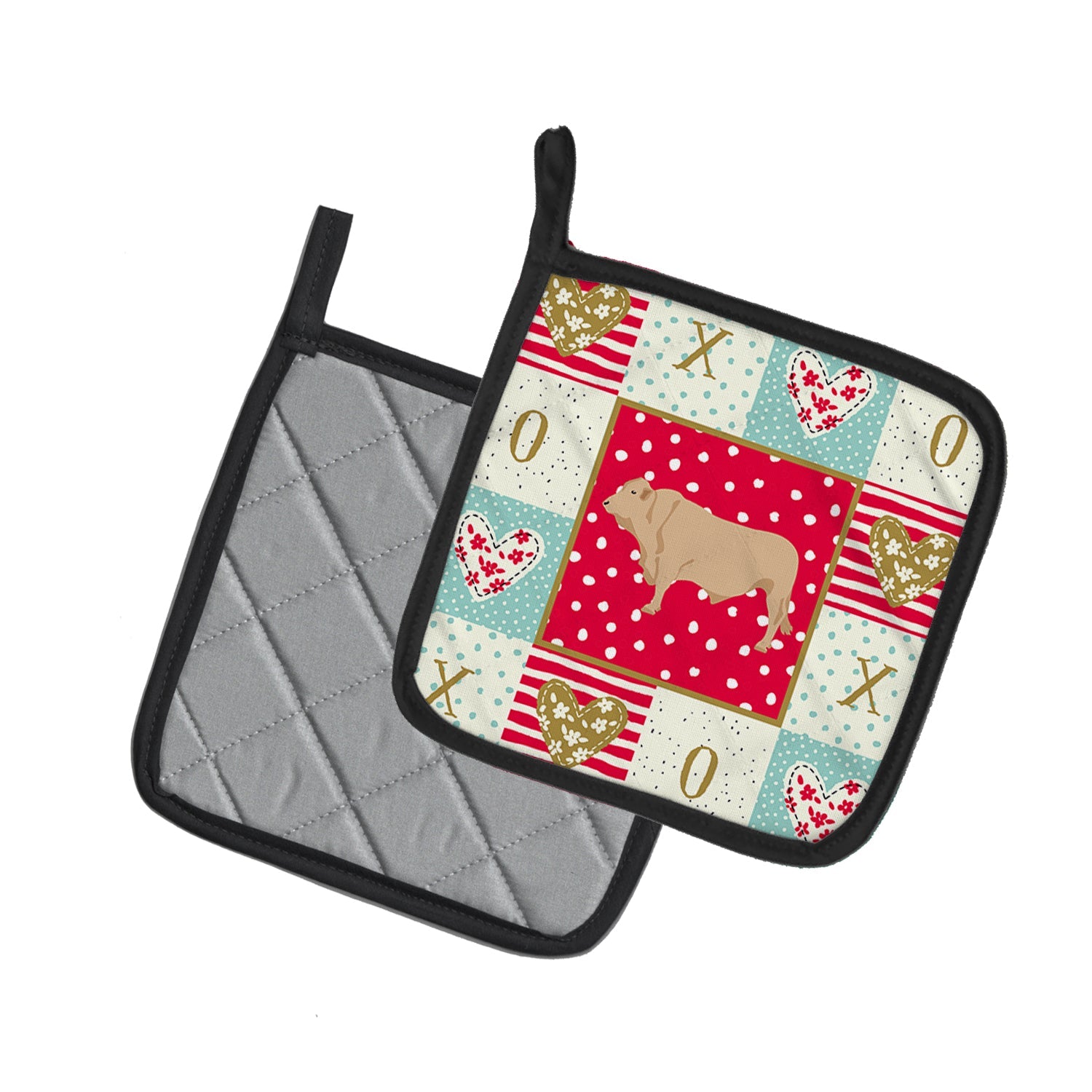 Charolais Cow Love Pot Holder Set of 2 Heat Resistant Quilted Hot Pads 7.5 x 7.5 Inch, Insulated Kitchen Trivets for Cooking & Baking