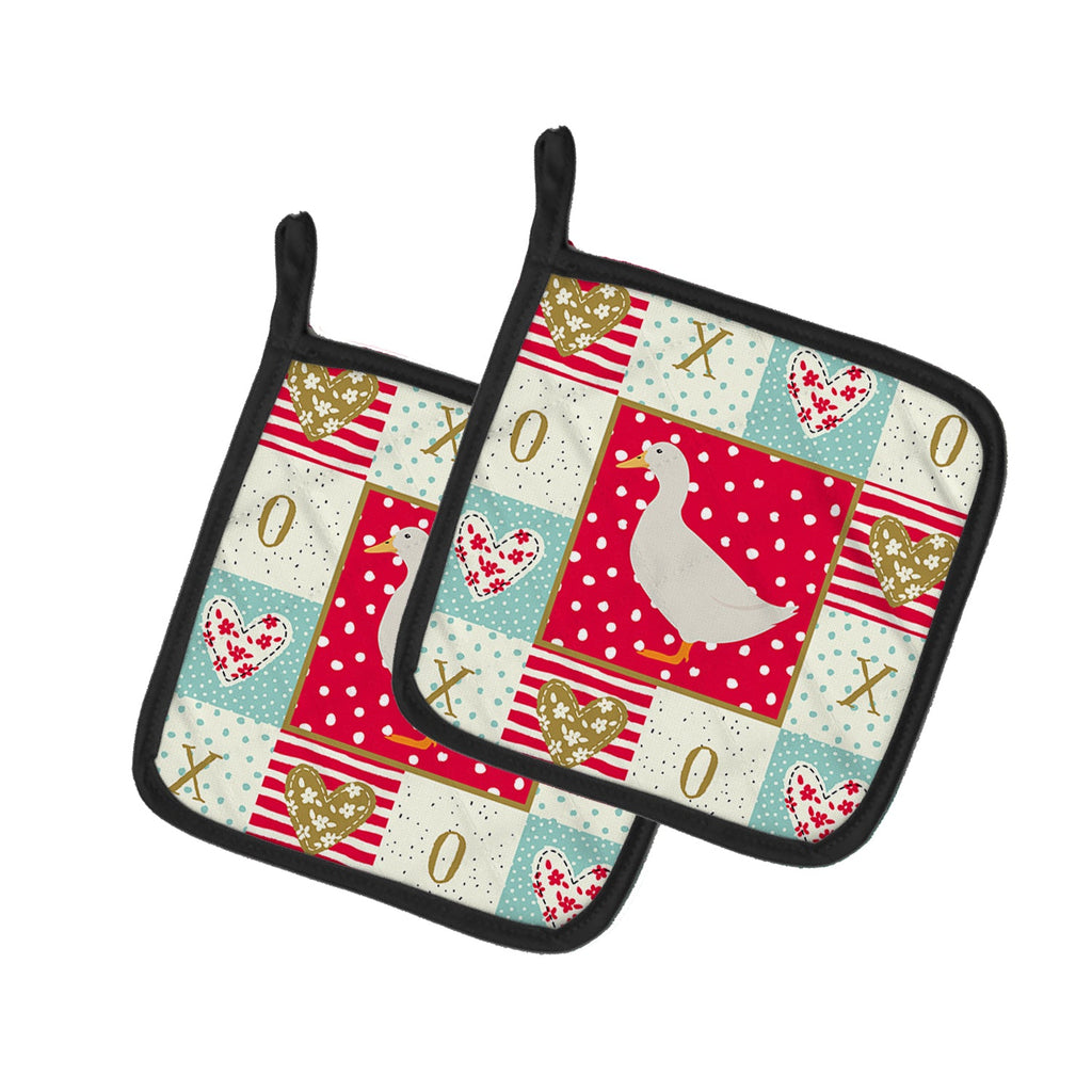 American Pekin Duck Love Pot Holder Set of 2 Heat Resistant Quilted Hot Pads 7.5 x 7.5 Inch, Insulated Kitchen Trivets for Cooking & Baking