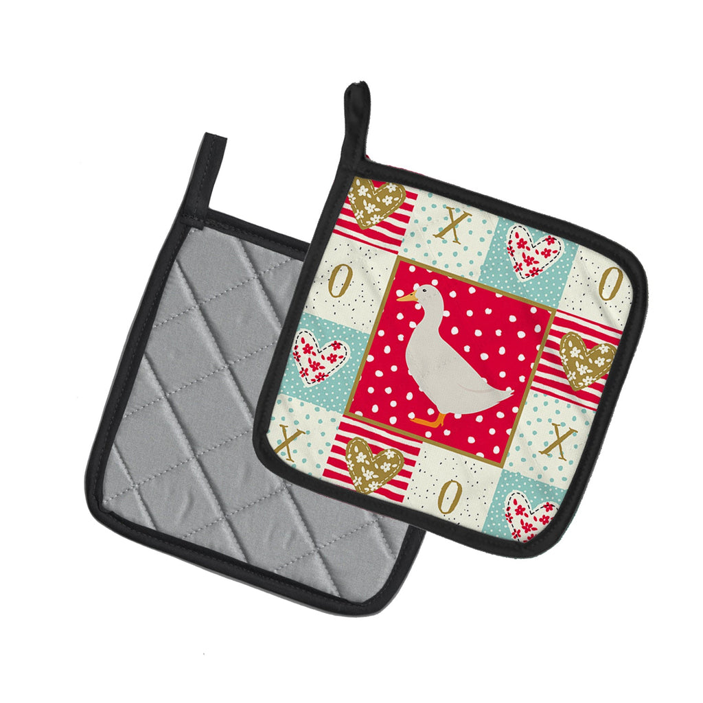 American Pekin Duck Love Pot Holder Set of 2 Heat Resistant Quilted Hot Pads 7.5 x 7.5 Inch, Insulated Kitchen Trivets for Cooking & Baking