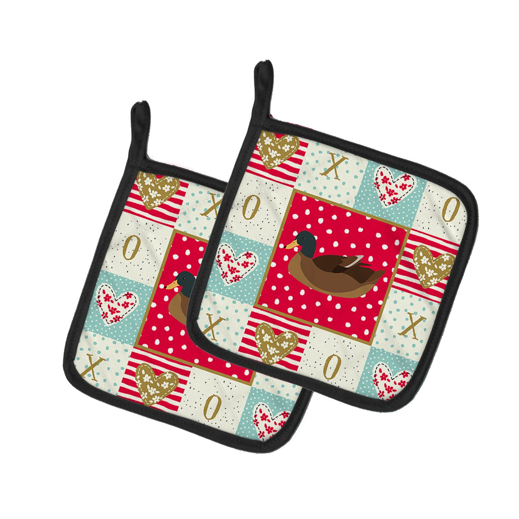 Khaki Campbell Duck Love Pot Holder Set of 2 Heat Resistant Quilted Hot Pads 7.5 x 7.5 Inch, Insulated Kitchen Trivets for Cooking & Baking