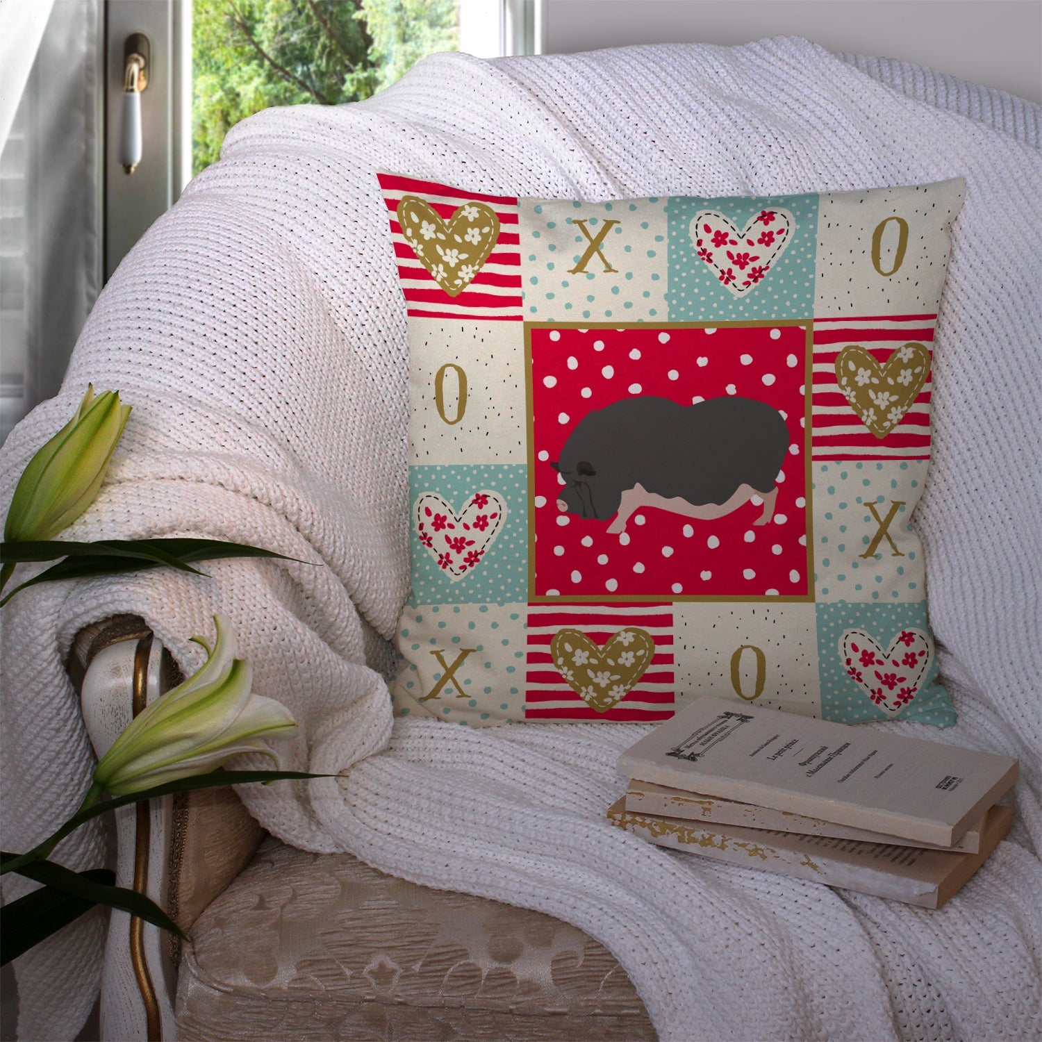 Vietnamese Pot-Bellied Pig Love Decorative Throw Pillow 14x14 Indoor Outdoor Accent Cushion, Fabric Cover with Insert for Sofa, Bed, Porch & Living Room