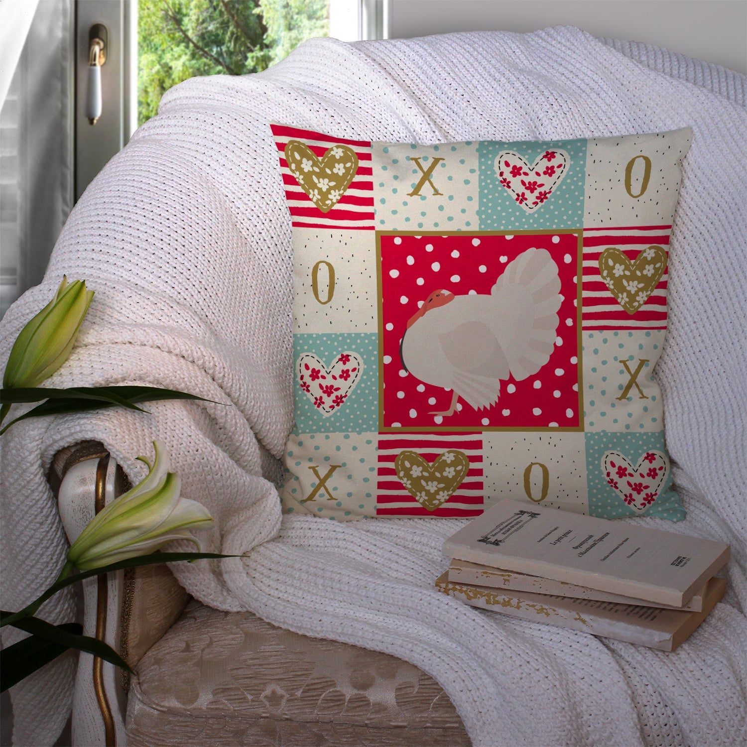 White Holland Turkey Love Decorative Throw Pillow 14x14 Indoor Outdoor Accent Cushion, Fabric Cover with Insert for Sofa, Bed, Porch & Living Room
