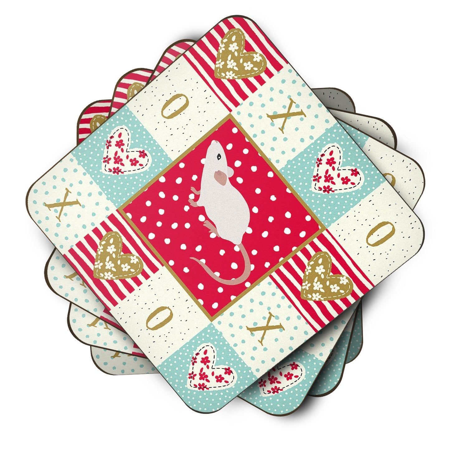 White Domestic Mouse Love Foam Coasters Set of 4 Cup Coasters for Indoor Outdoor, Tabletop Protection, Anti Slip, Mouse pad Material