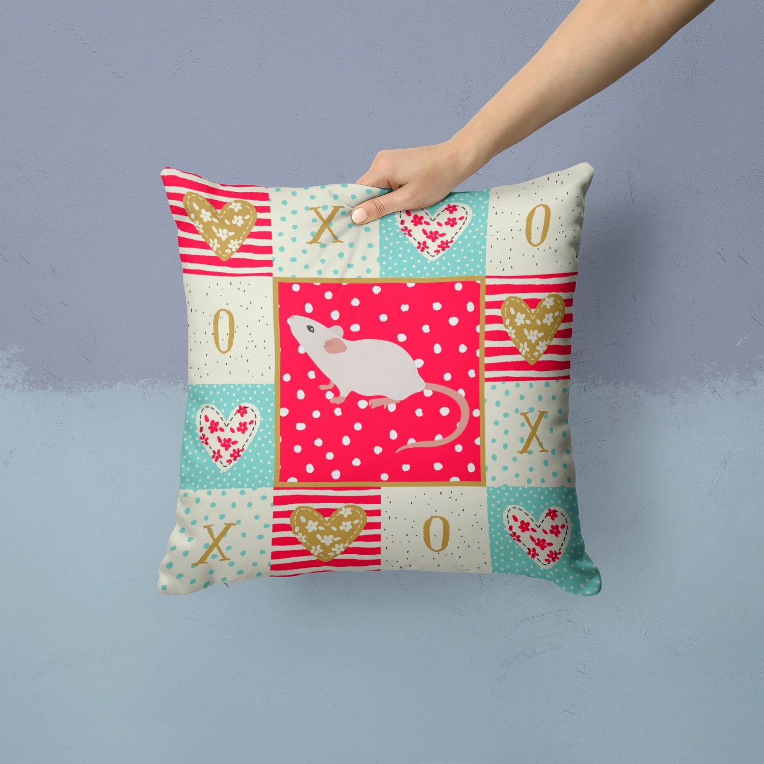 White Domestic Mouse Love Decorative Throw Pillow 14x14 Indoor Outdoor Accent Cushion, Fabric Cover with Insert for Sofa, Bed, Porch & Living Room
