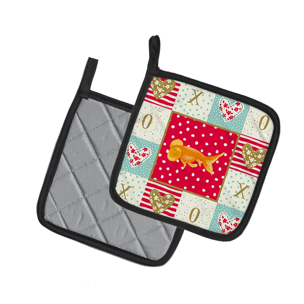 Bubble Eyed Goldfish Love Pot Holder Set of 2 Heat Resistant Quilted Hot Pads 7.5 x 7.5 Inch, Insulated Kitchen Trivets for Cooking & Baking