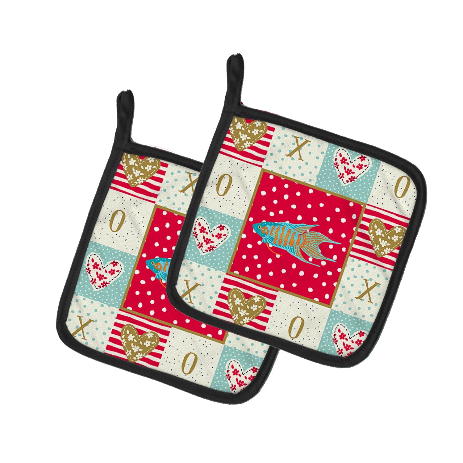 Paradise Fish Love Pot Holder Set of 2 Heat Resistant Quilted Hot Pads 7.5 x 7.5 Inch, Insulated Kitchen Trivets for Cooking & Baking