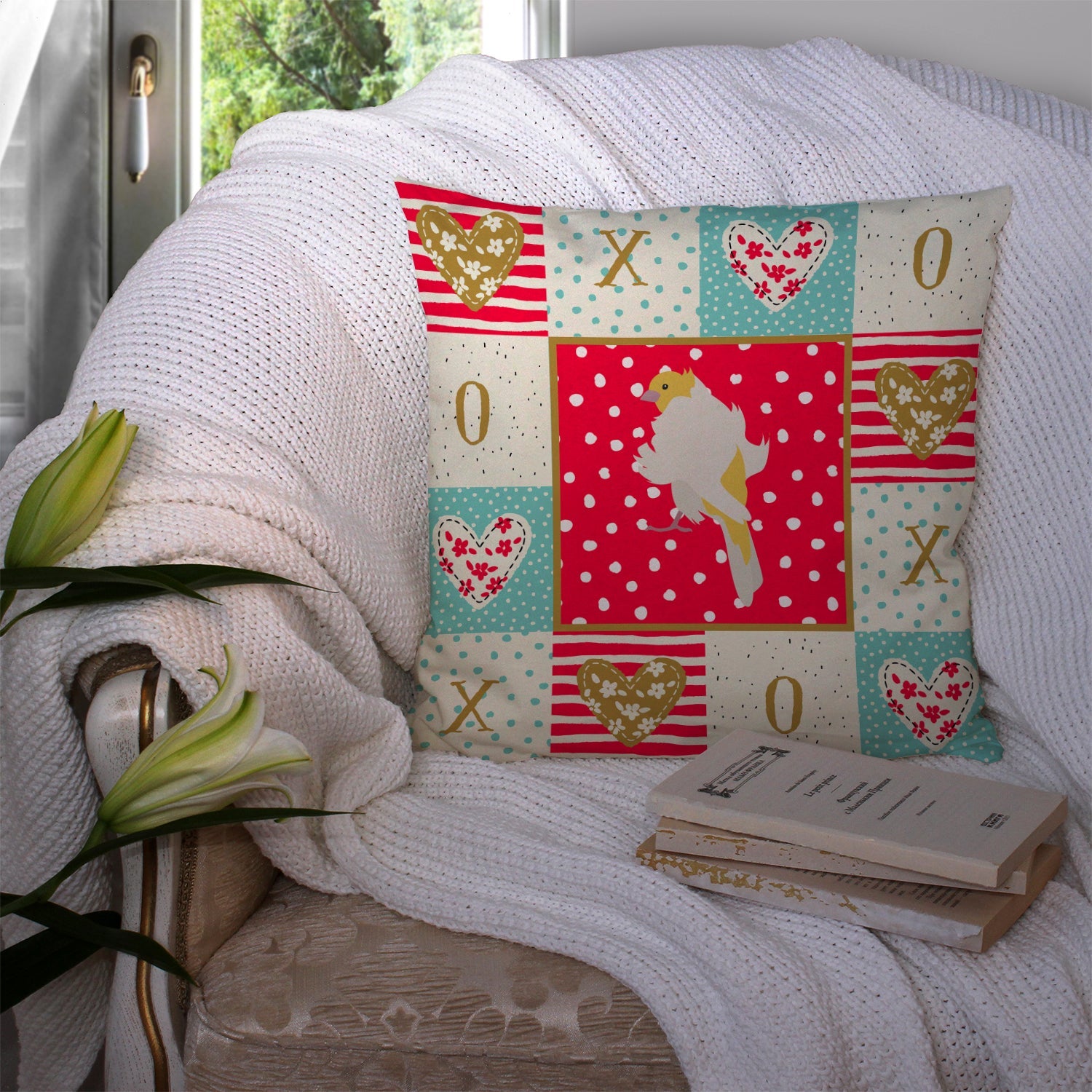 Parisian Trumpeter Canary Love Decorative Throw Pillow 14x14 Indoor Outdoor Accent Cushion, Fabric Cover with Insert for Sofa, Bed, Porch & Living Room