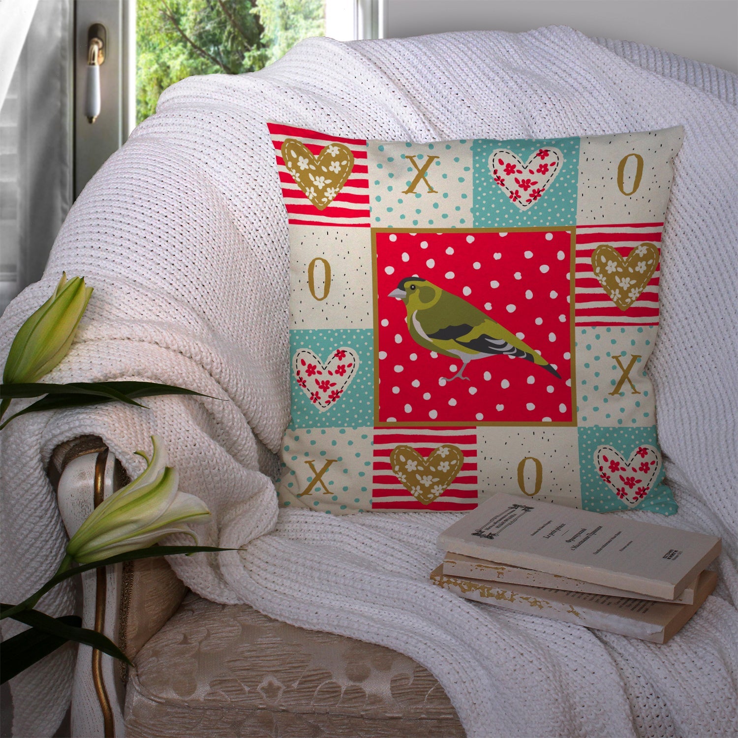 Siskin Love Decorative Throw Pillow 14x14 Indoor Outdoor Accent Cushion, Fabric Cover with Insert for Sofa, Bed, Porch & Living Room