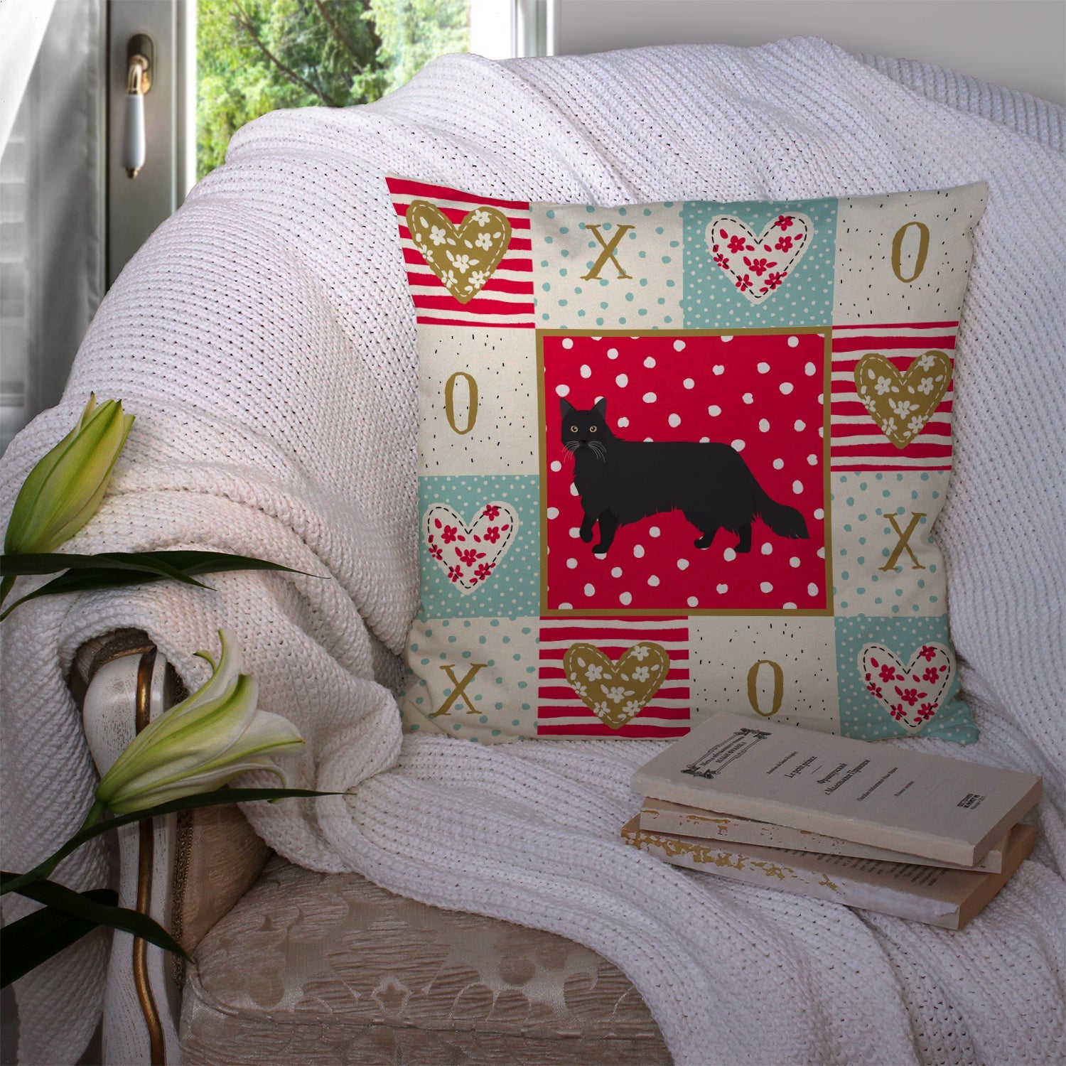 Black Chantilly Tiffany Cat Love Decorative Throw Pillow 14x14 Indoor Outdoor Accent Cushion, Fabric Cover with Insert for Sofa, Bed, Porch & Living Room