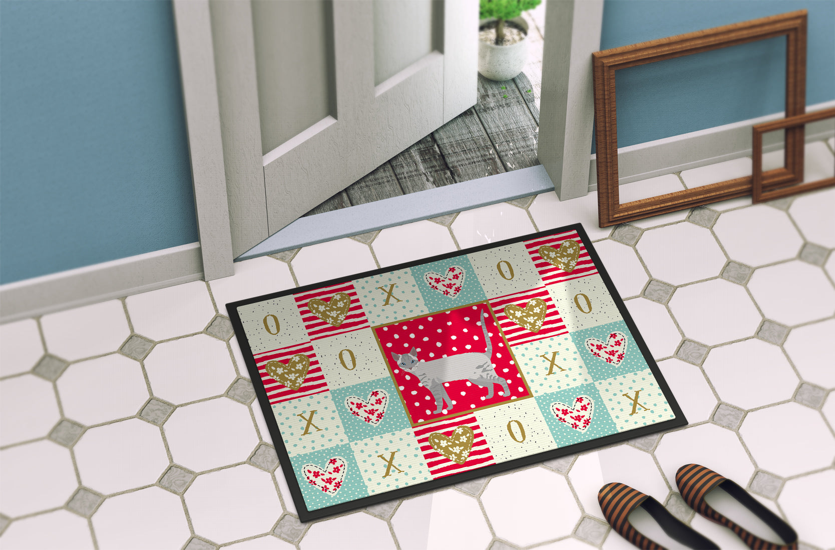 Ojos Azules Cat Love Doormat Indoor Outdoor 24H X 36W Front Door Mat Rugs for Entryway, Non Slip Washable Low Pile,