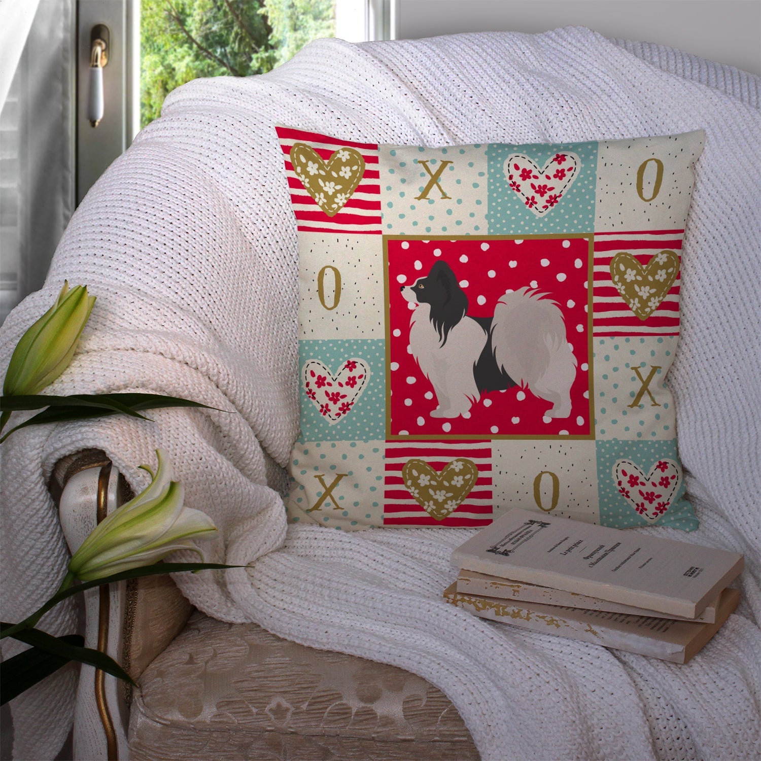 Papillon #2 Love Decorative Throw Pillow 14x14 Indoor Outdoor Accent Cushion, Fabric Cover with Insert for Sofa, Bed, Porch & Living Room