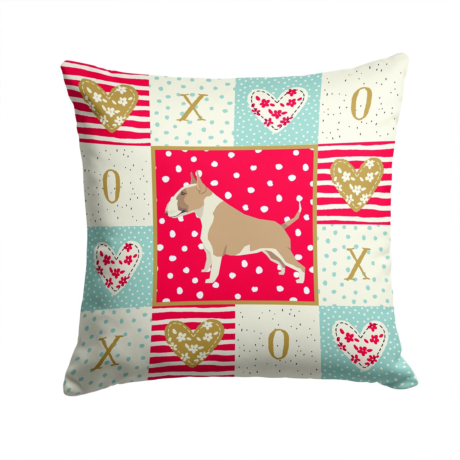 Fawn and White Bull Terrier Love Decorative Throw Pillow 14x14 Indoor Outdoor Accent Cushion, Fabric Cover with Insert for Sofa, Bed, Porch & Living Room