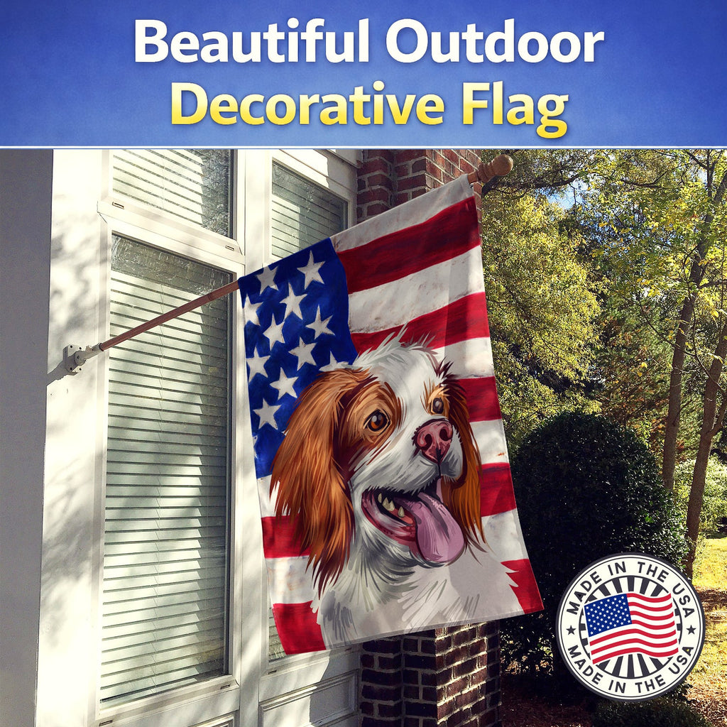 French Brittany Dog American Flag House Flag 28x40 Porch Sleeve Pole Decorative Outside Yard Banner Artwork Wall Hanging, Polyester