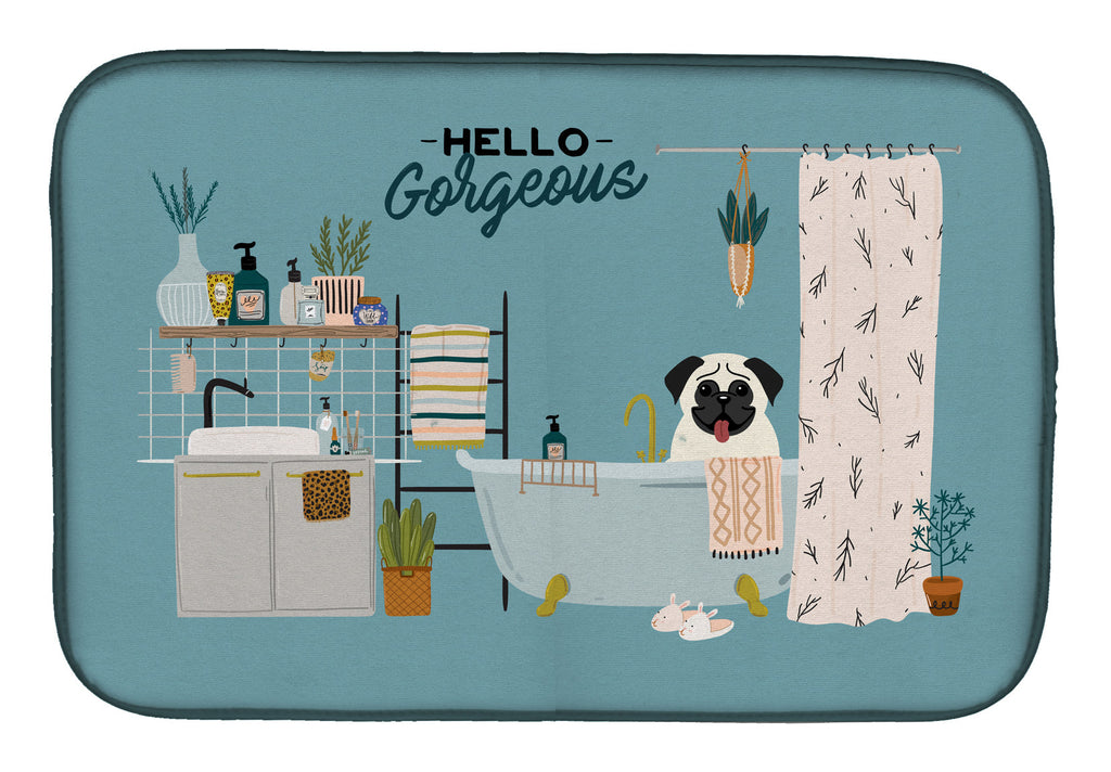 Cream Pug in Bathtub Dish Drying Mat Absorbent Dish Drying Mat Pad for Kitchen Counter Dish Drainer Mat for Countertop, 14 x 21", Multicolor