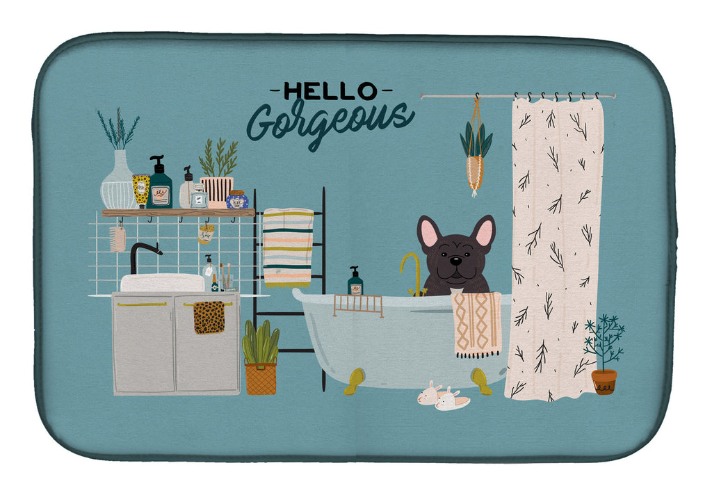 Brindle French Bulldog in Bathtub  Dish Drying Mat Absorbent Dish Drying Mat Pad for Kitchen Counter Dish Drainer Mat for Countertop, 14 x 21", Multicolor