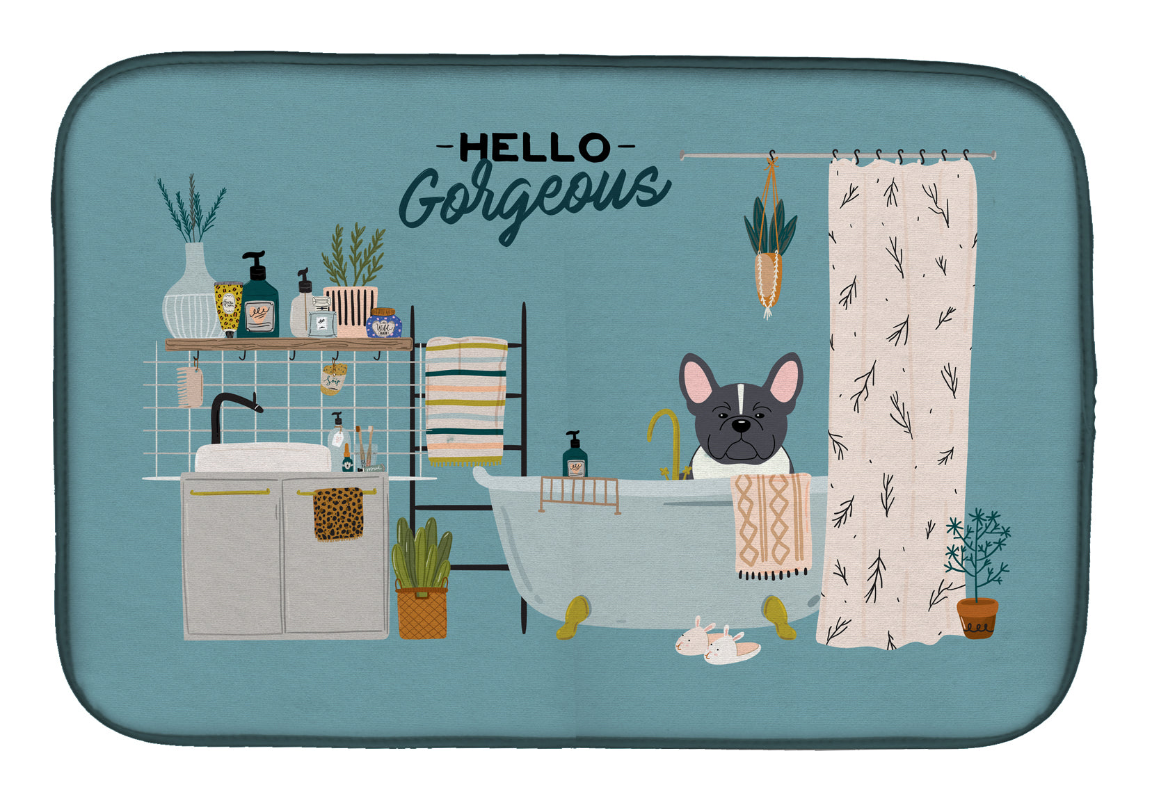 Black White French Bulldog in Bathtub Dish Drying Mat Absorbent Dish Drying Mat Pad for Kitchen Counter Dish Drainer Mat for Countertop, 14 x 21", Multicolor