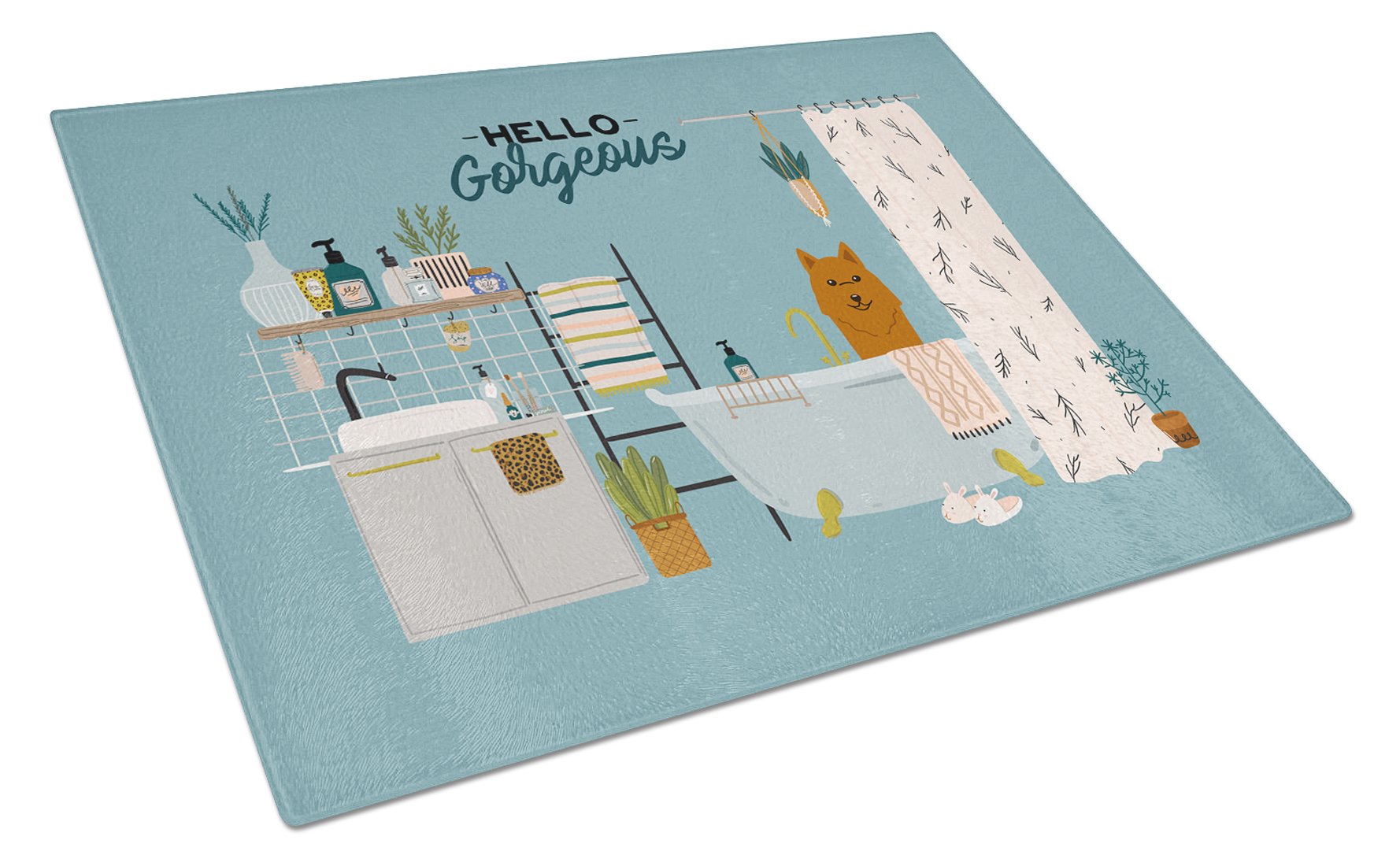 Karelian Bear Dog in Bathtub Cutting Board Tempered Glass Kitchen Cutting Surface, Heat Resistant Chopping, Non-Slip Feet, Food Prep & Serving