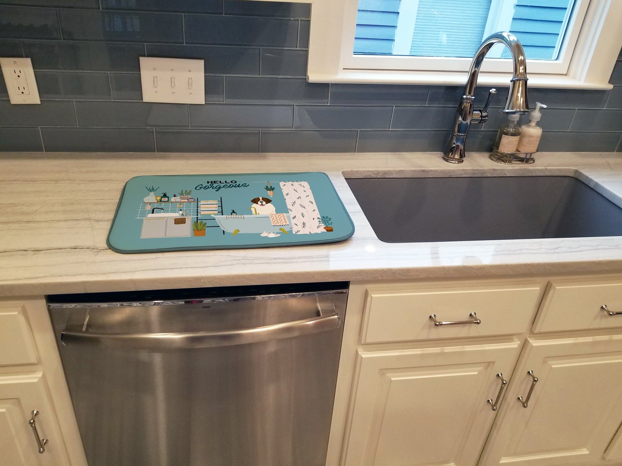 Moscow Watchdog in Bathtub Dish Drying Mat Absorbent Dish Drying Mat Pad for Kitchen Counter Dish Drainer Mat for Countertop, 14 x 21", Multicolor