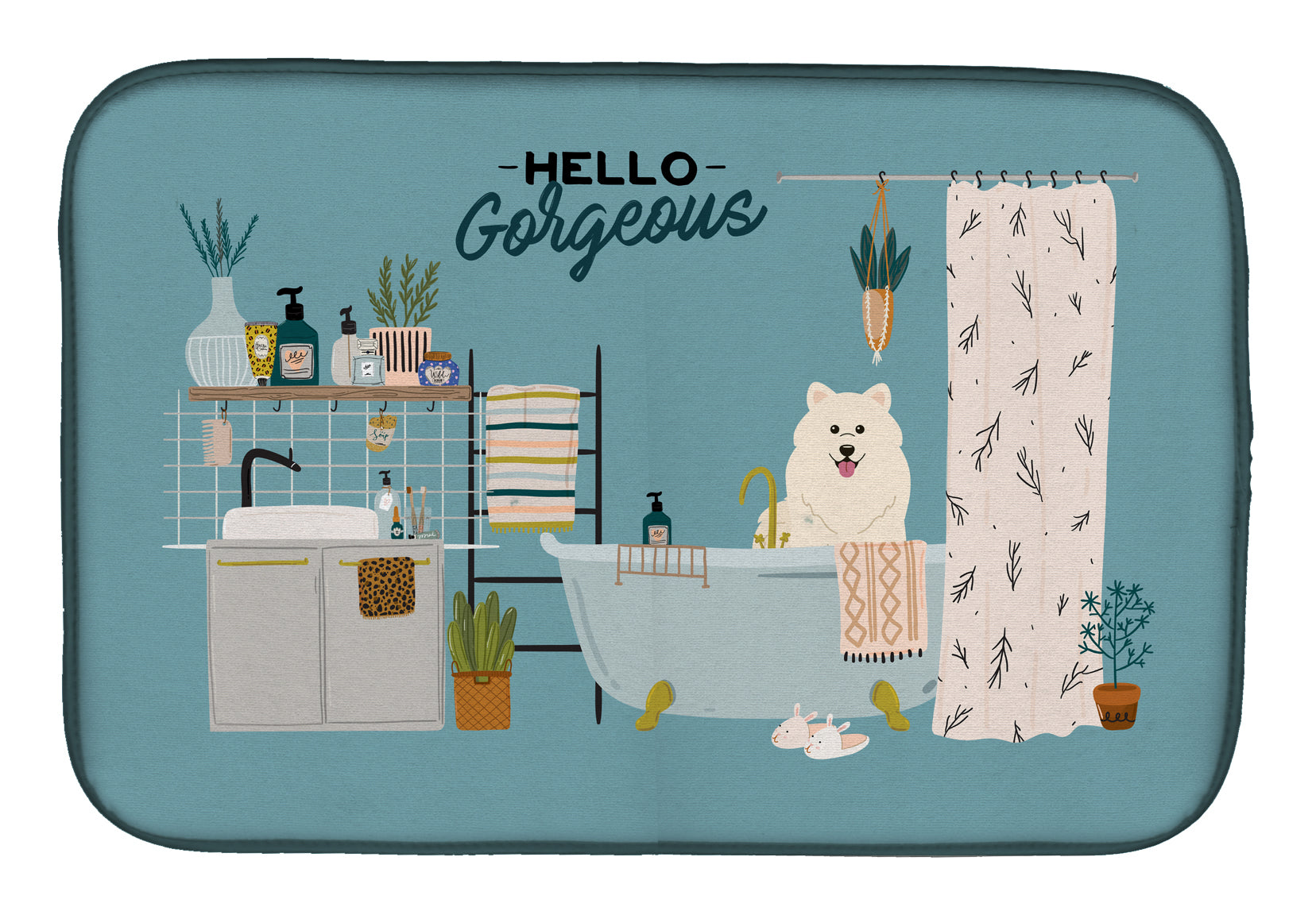 Samoyed in Bathtub Dish Drying Mat Absorbent Dish Drying Mat Pad for Kitchen Counter Dish Drainer Mat for Countertop, 14 x 21", Multicolor