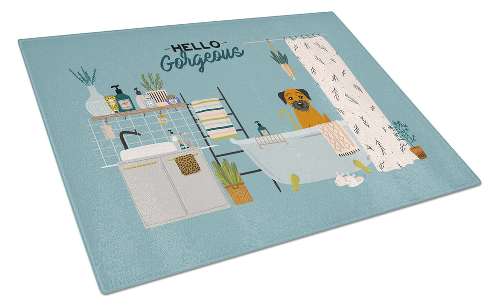 Border Terrier in Bathtub Cutting Board Tempered Glass Kitchen Cutting Surface, Heat Resistant Chopping, Non-Slip Feet, Food Prep & Serving