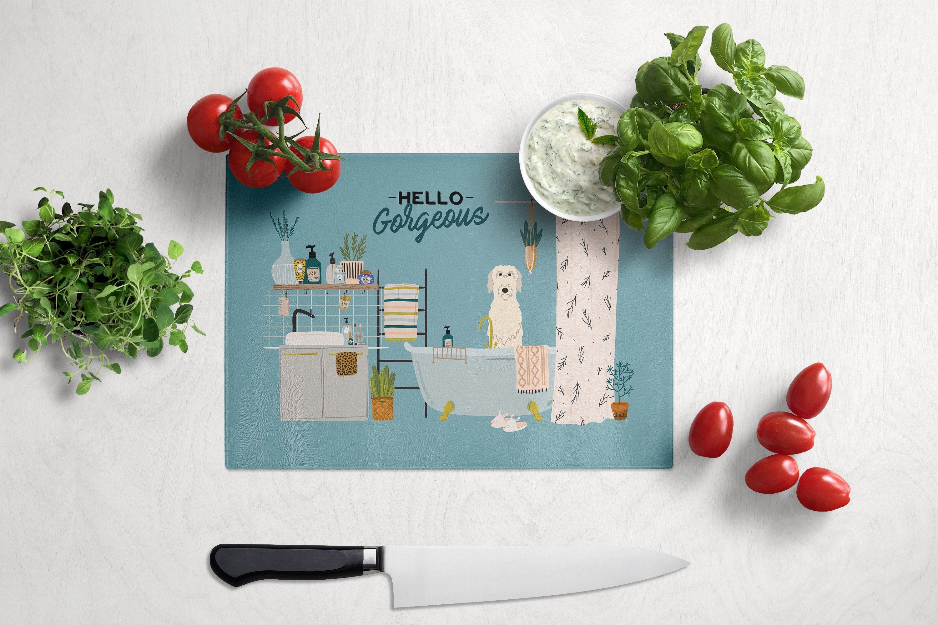 Irish Wolfhound in Bathtub Cutting Board Tempered Glass Kitchen Cutting Surface, Heat Resistant Chopping, Non-Slip Feet, Food Prep & Serving