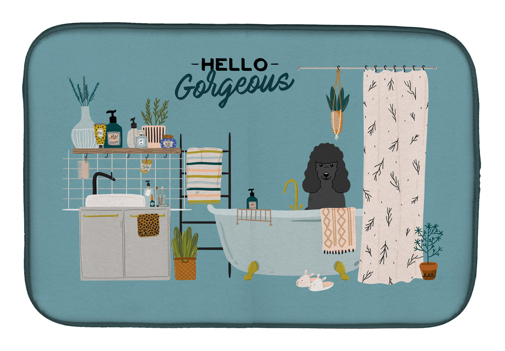 Black Poodle in Bathtub Dish Drying Mat Absorbent Dish Drying Mat Pad for Kitchen Counter Dish Drainer Mat for Countertop, 14 x 21", Multicolor