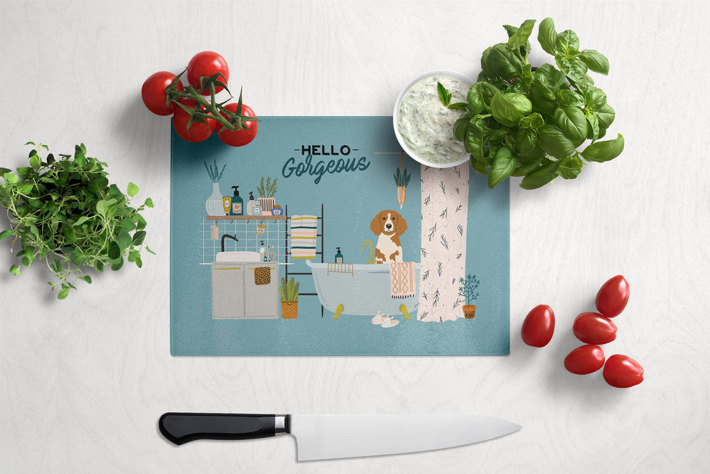 Brittany Spaniel in Bathtub Cutting Board Tempered Glass Kitchen Cutting Surface, Heat Resistant Chopping, Non-Slip Feet, Food Prep & Serving