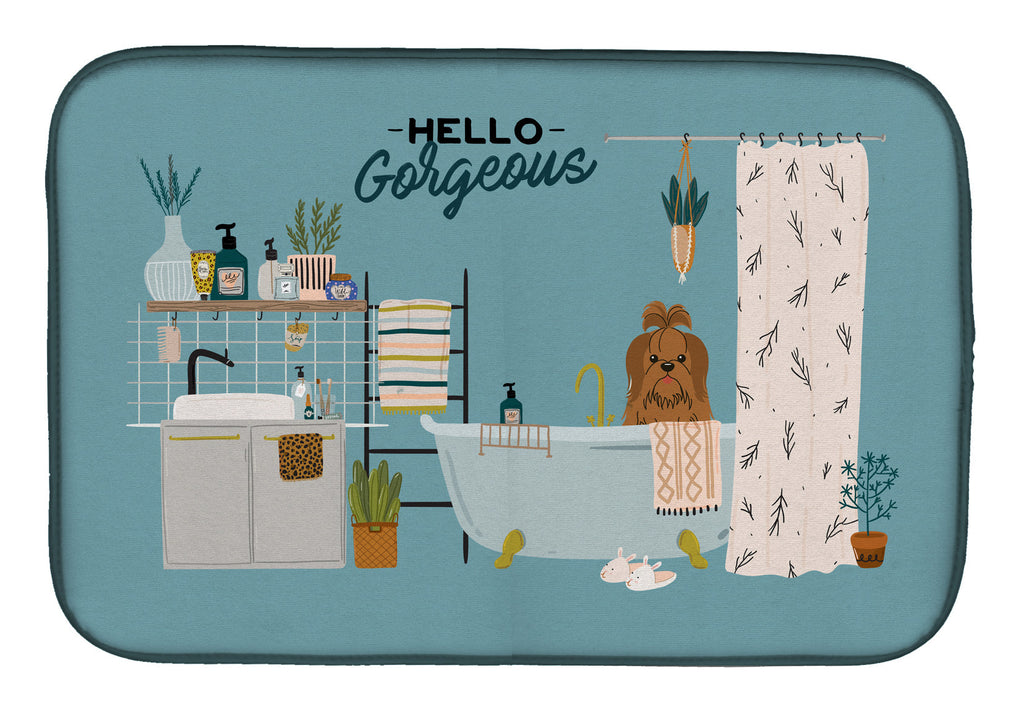 Silver Chocolate Shih Tzu in Bathtub Dish Drying Mat Absorbent Dish Drying Mat Pad for Kitchen Counter Dish Drainer Mat for Countertop, 14 x 21", Multicolor