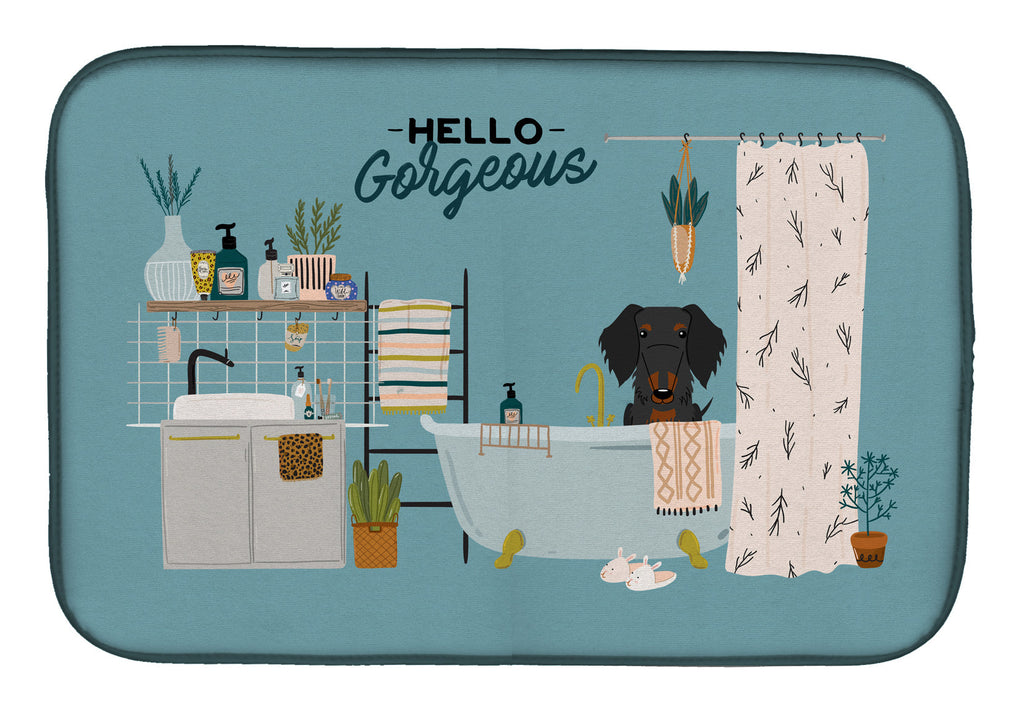 Black Tan Wire Haired Dachshund in Bathtub Dish Drying Mat Absorbent Dish Drying Mat Pad for Kitchen Counter Dish Drainer Mat for Countertop, 14 x 21", Multicolor