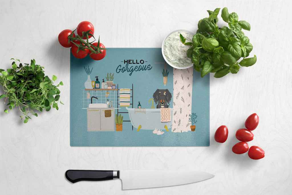 Dapple Wire Haired Dachshund in Bathtub Cutting Board Tempered Glass Kitchen Cutting Surface, Heat Resistant Chopping, Non-Slip Feet, Food Prep & Serving