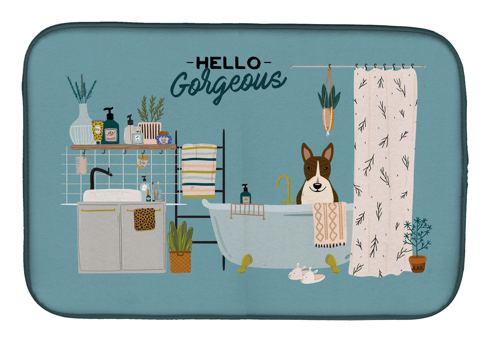 Dark Brindle Bull Terrier in Bathtub Dish Drying Mat Absorbent Dish Drying Mat Pad for Kitchen Counter Dish Drainer Mat for Countertop, 14 x 21", Multicolor