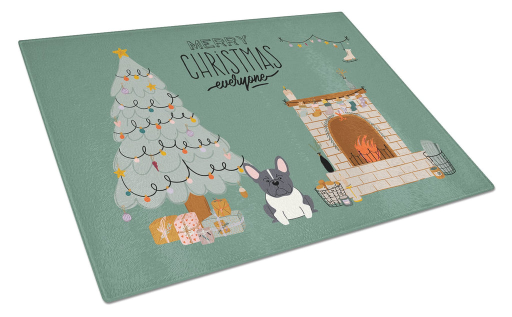 Black White French Bulldog Christmas Everyone Cutting Board Tempered Glass Kitchen Cutting Surface, Heat Resistant Chopping, Non-Slip Feet, Food Prep & Serving