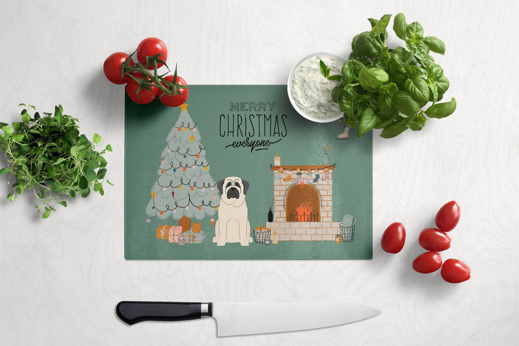 White Mastiff Christmas Everyone Cutting Board Tempered Glass Kitchen Cutting Surface, Heat Resistant Chopping, Non-Slip Feet, Food Prep & Serving