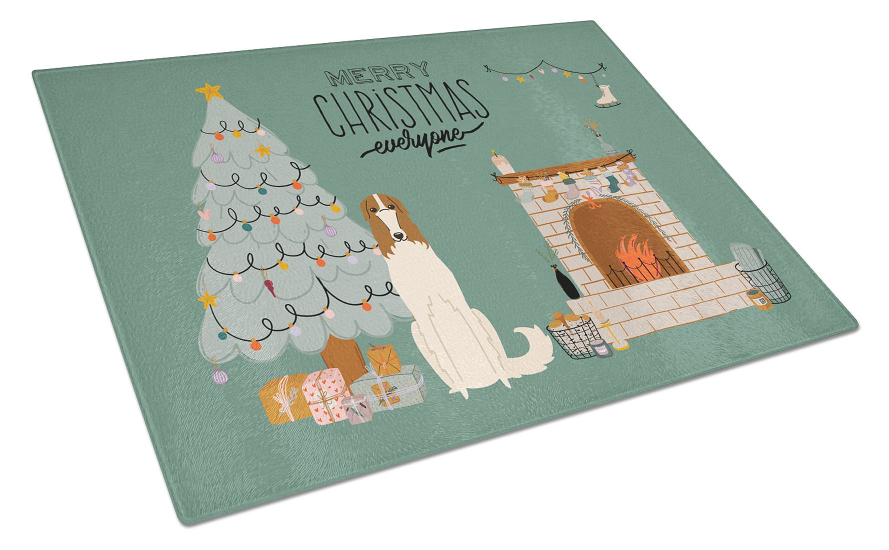 Borzoi Christmas Everyone Cutting Board Tempered Glass Kitchen Cutting Surface, Heat Resistant Chopping, Non-Slip Feet, Food Prep & Serving