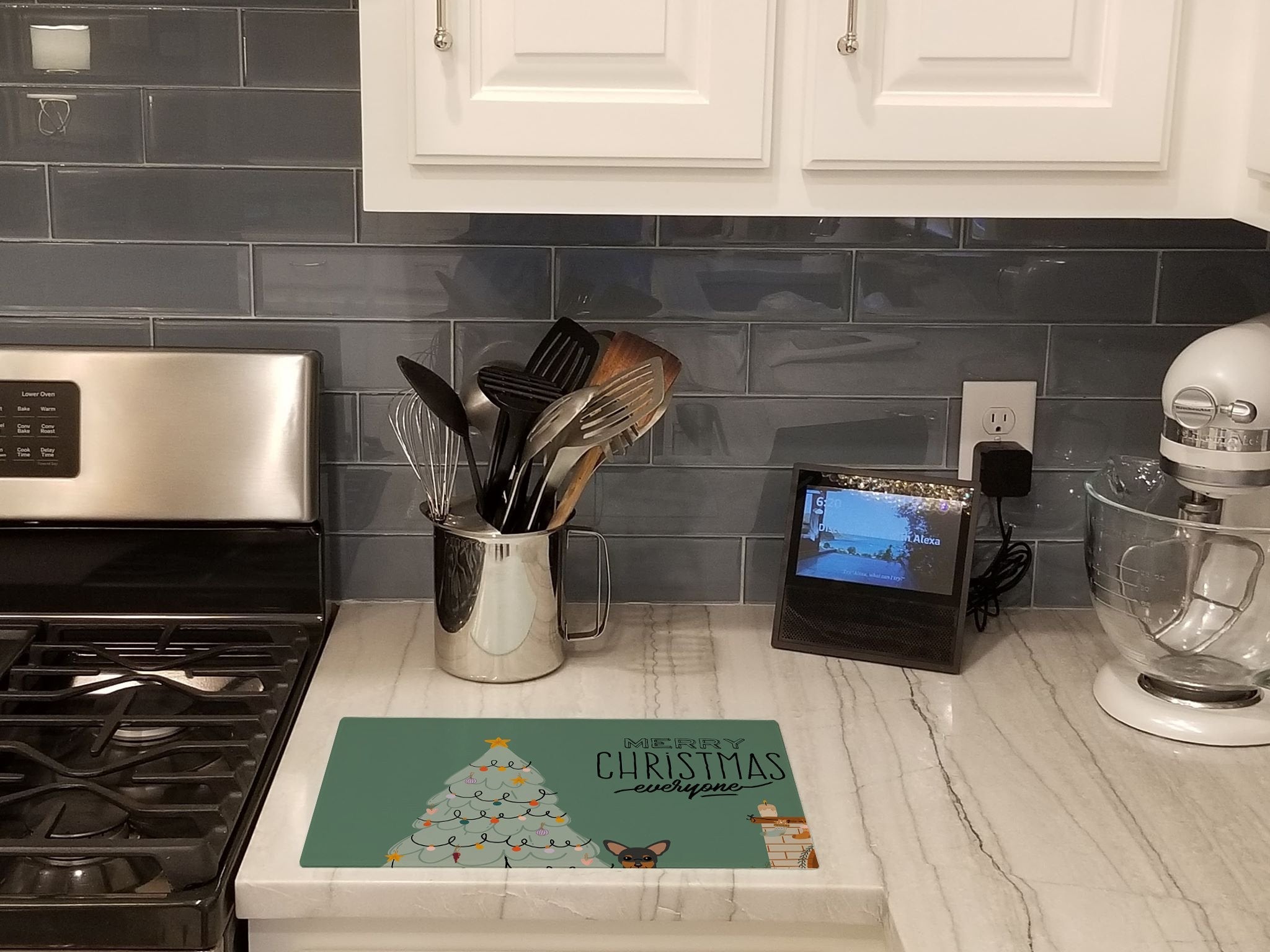 Manchester Terrier Christmas Everyone Cutting Board Tempered Glass Kitchen Cutting Surface, Heat Resistant Chopping, Non-Slip Feet, Food Prep & Serving