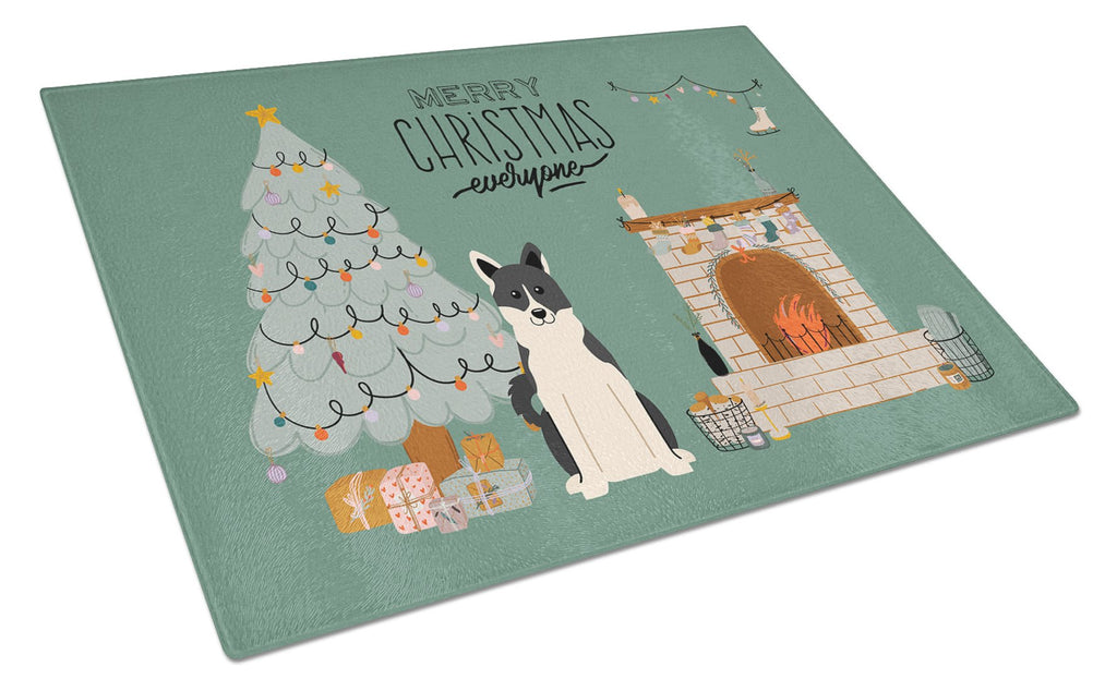 Russo-European Laika Spitz Christmas Everyone Cutting Board Tempered Glass Kitchen Cutting Surface, Heat Resistant Chopping, Non-Slip Feet, Food Prep & Serving