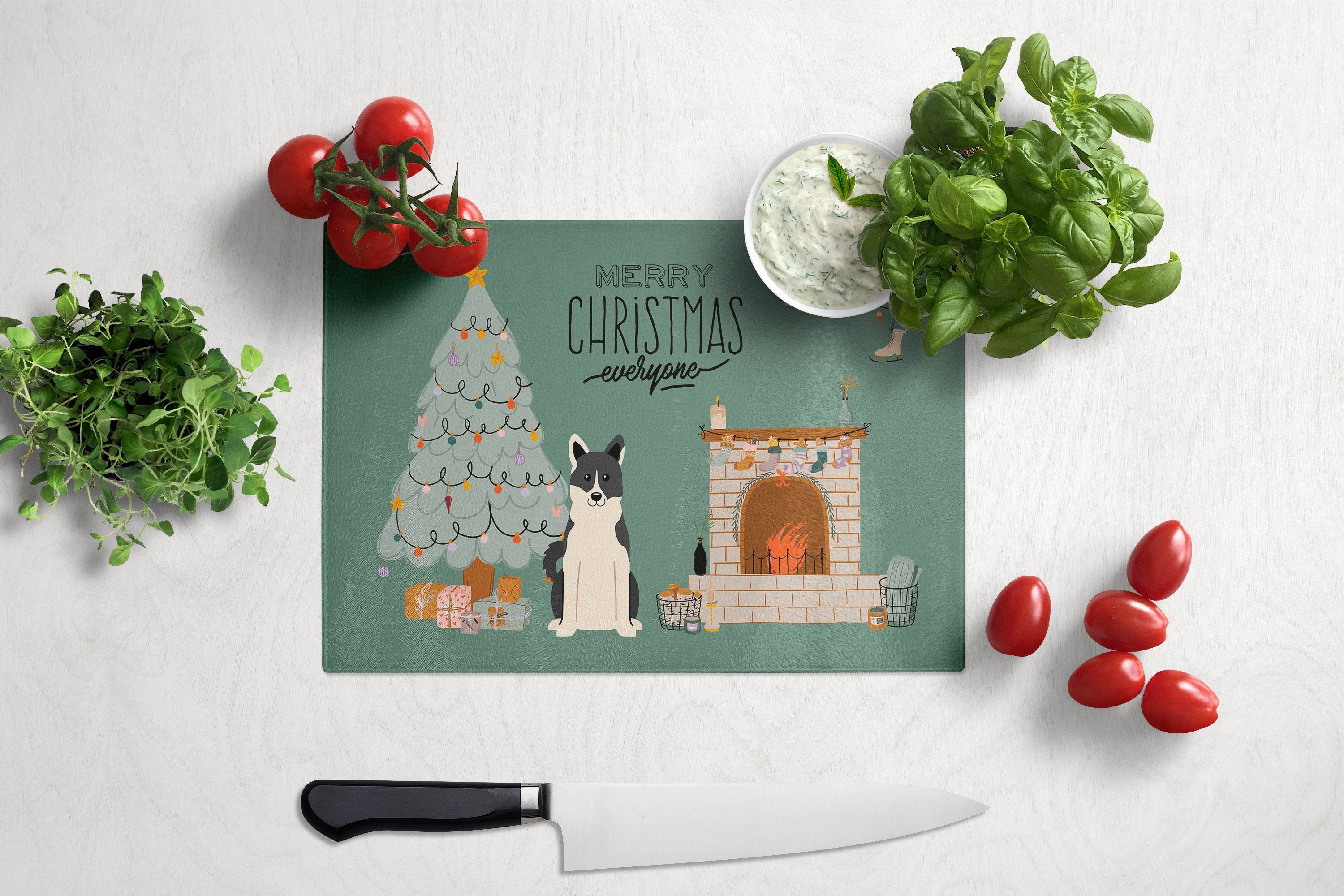 Russo-European Laika Spitz Christmas Everyone Cutting Board Tempered Glass Kitchen Cutting Surface, Heat Resistant Chopping, Non-Slip Feet, Food Prep & Serving