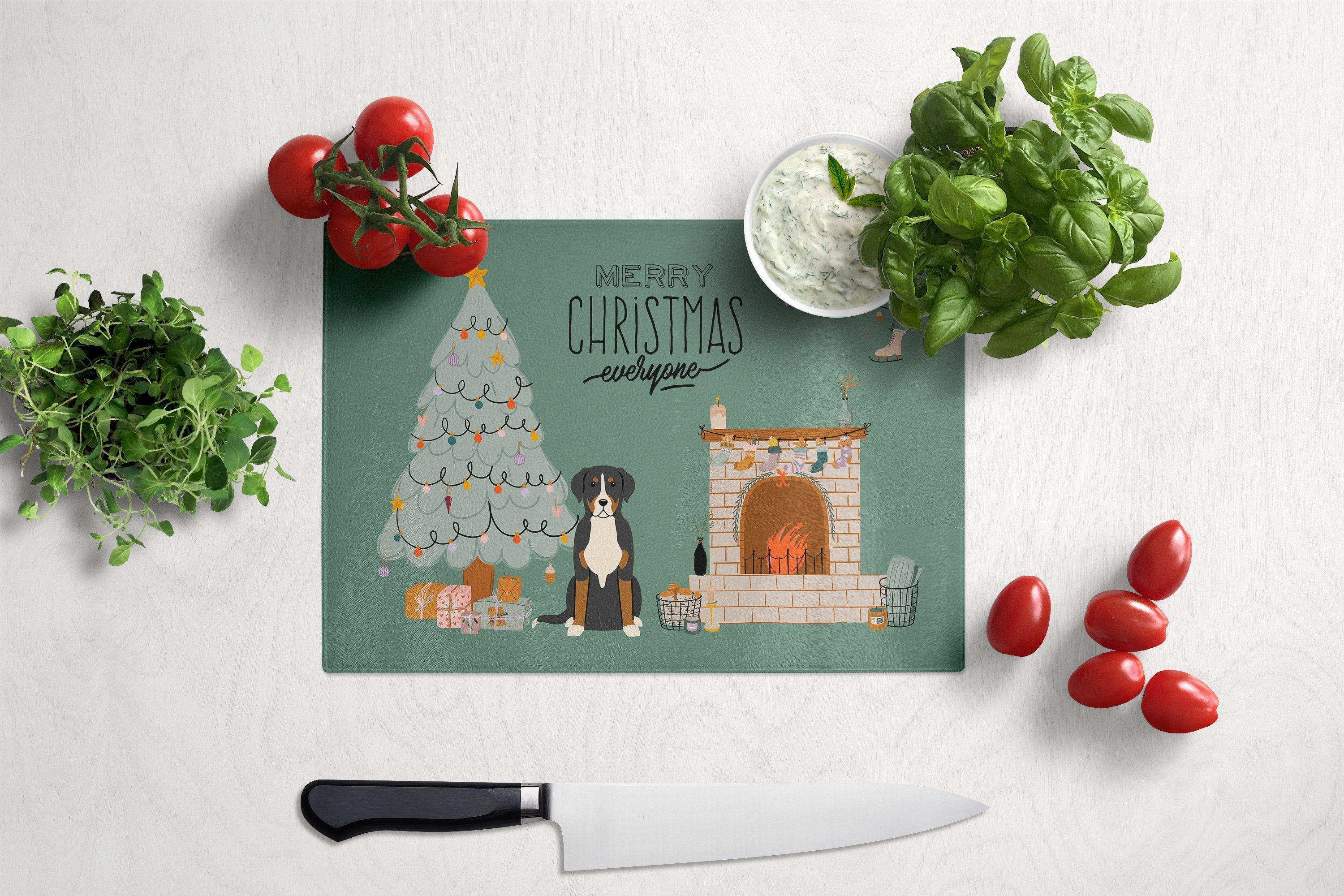 Greater Swiss Mountain Dog Christmas Everyone Cutting Board Tempered Glass Kitchen Cutting Surface, Heat Resistant Chopping, Non-Slip Feet, Food Prep & Serving