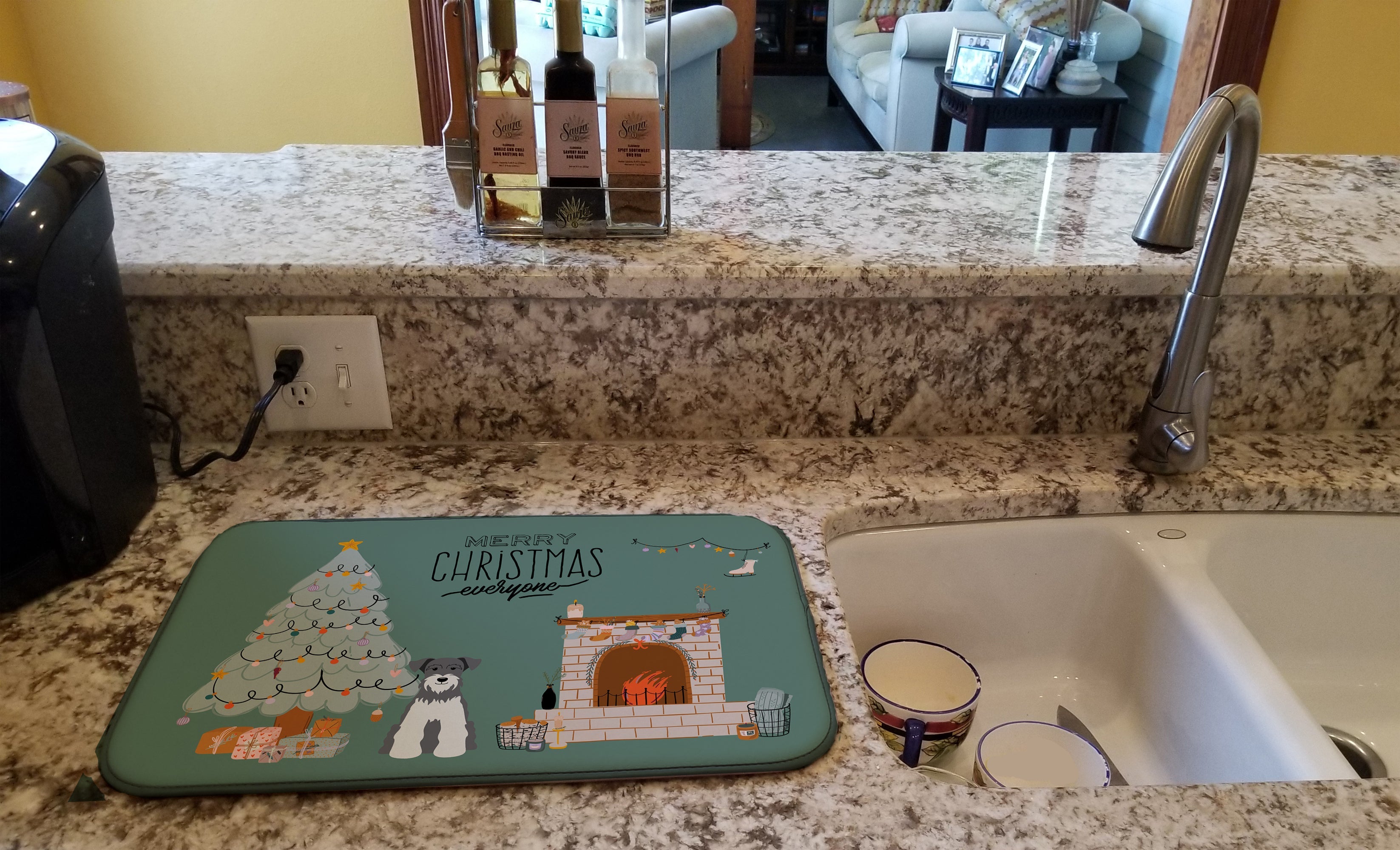 Salt and Pepper Miniature Schnauzer Christmas Everyone Dish Drying Mat Absorbent Dish Drying Mat Pad for Kitchen Counter Dish Drainer Mat for Countertop, 14 x 21", Multicolor