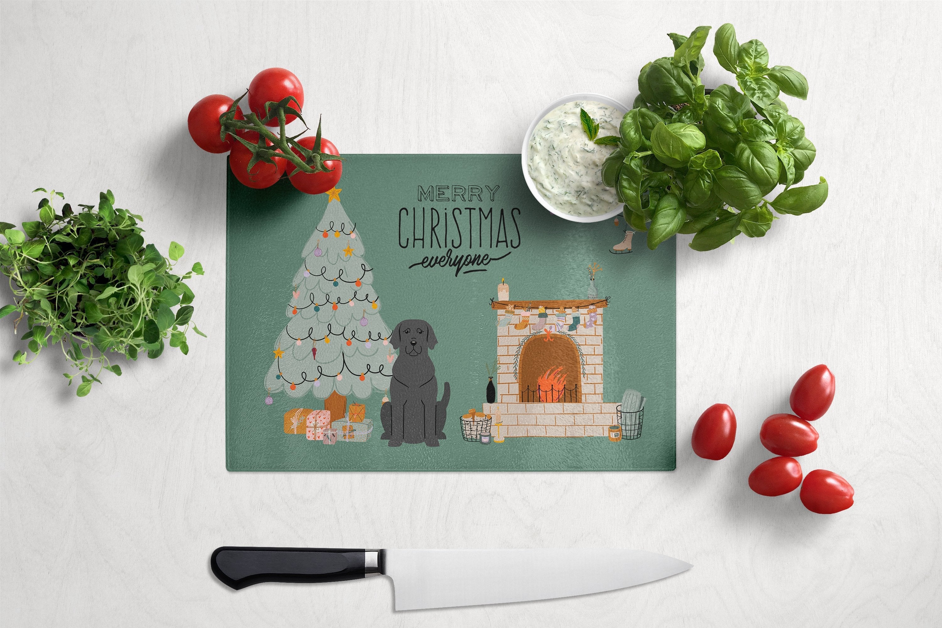 Black Labrador Christmas Everyone Cutting Board Tempered Glass Kitchen Cutting Surface, Heat Resistant Chopping, Non-Slip Feet, Food Prep & Serving