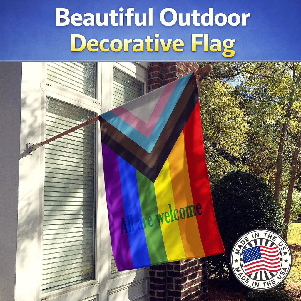 Gay Progress Pride All are Welcome House Flag 28x40 Porch Sleeve Pole Decorative Outside Yard Banner Artwork Wall Hanging, Polyester