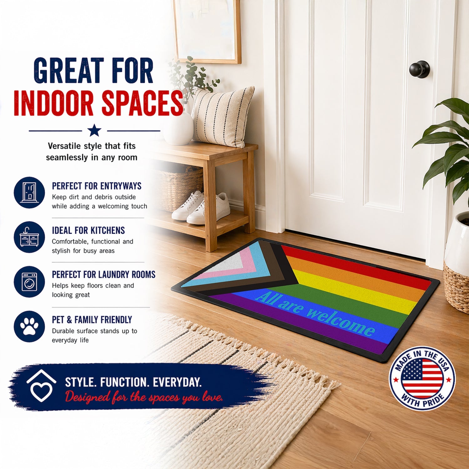 Gay Progress Pride All are Welcome Doormat Indoor Outdoor 18H X 27W Front Door Mat Rugs for Entryway, Non Slip Washable
