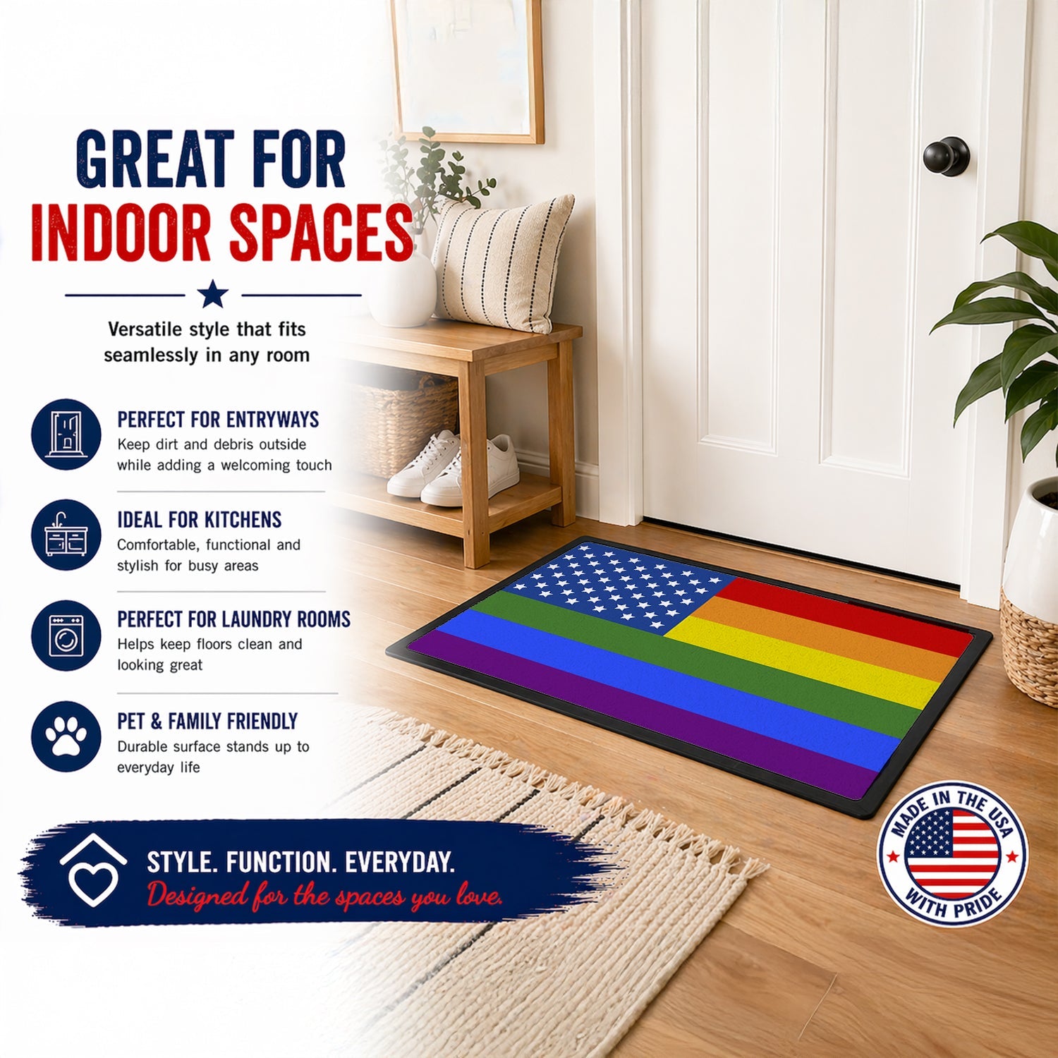 USA Gay Pride Doormat Indoor Outdoor 18H X 27W Front Door Mat Rugs for Entryway, Non Slip Washable